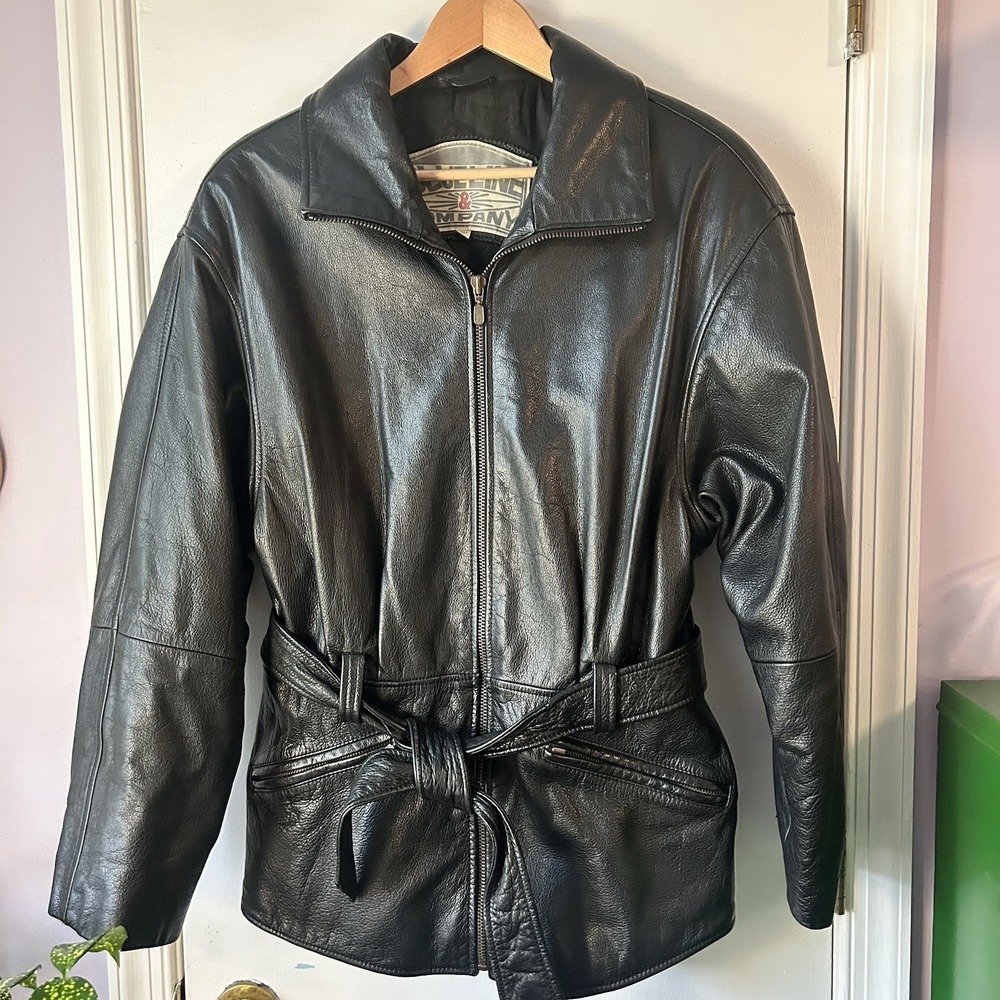 Vtg 80's Blueline & Company Ladies Black Leather Jacket M Belted